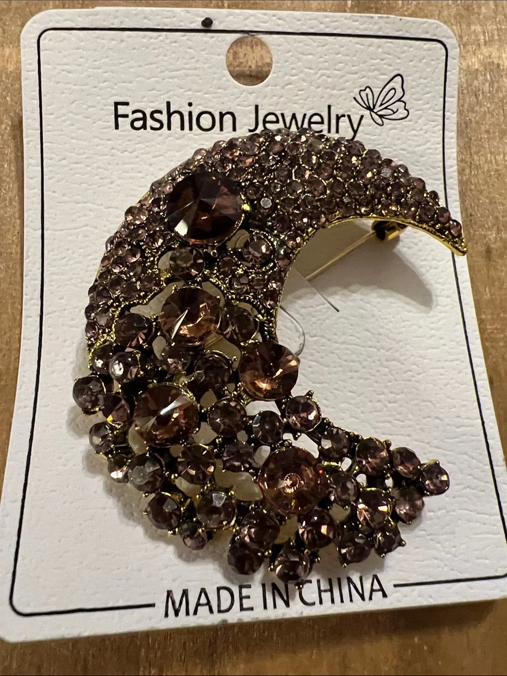 3/$18 Fashion Jewelry Gold-Tone Crescent Moon Brooch with Brown Crystals - 6072